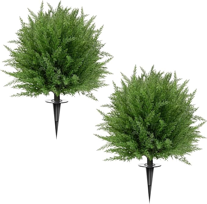24'' Upgraded Artificial Cedar Topiary Ball Trees with Ground Spike, UV Resistant Fake Bushes, Set of 2 Faux Cypress Fake Plants Faux Shrubs for Outdoor Indoor Front Porch Garden Decor