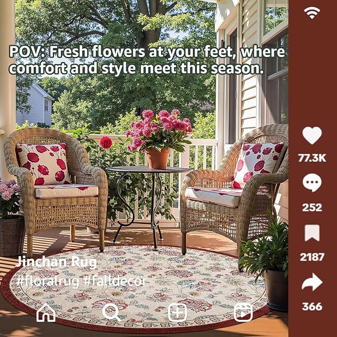 jinchan 7ft Floral Round Rug for Dining Room Washable Living Room Rug Vintage Romance Design Non Slip Indoor Floor Cover Lightweight Low-Profile Throw Carpet for Bedroom Porch Patio, Red/Beige