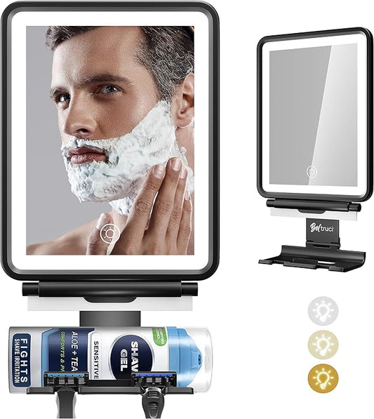 Vanity Mirror with Lights | Fogless Shower Mirror | 3 Light Lightweight Shaving Mirror with A Squeegee | Rust-Proof LED Wall Mirror | Storage Shelf for Bathroom Accessories (Black)