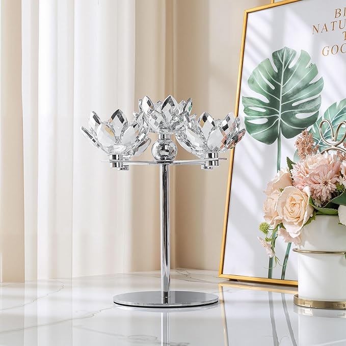 Crystal Candle Holders Lotus Candelabras Silver Arch Candlestick, Centerpiece Table, Home Hecor for Wedding, Dinning Room, Coffee Table, Kitchen, Living Room, Entryway (5 Arms, Taper Candle)