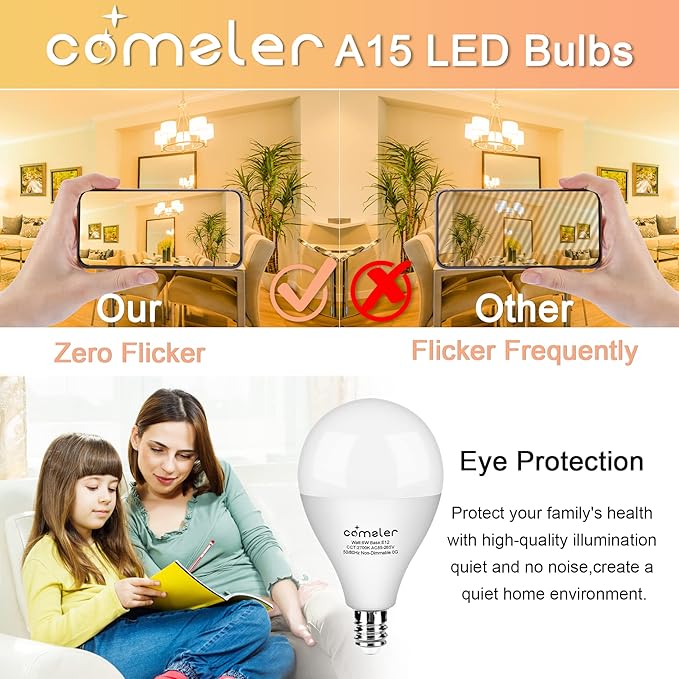 comzler Ceiling Fan Light Bulbs E12 Small Base, A15 LED Bulb 2700K Soft Warm White Candelabra LED Bulb 6W (60watt Equivalent), Chandelier Light Bulbs CRI85+ 600 Lumens No-Dimmable Pack of 8
