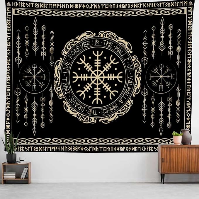 OSUNBD Nordic Vikings Tapestry Large 108x90inches Soft Flannel Vegvsir Symbol Amulet Celtic Rune Scandinavian Aesthetic Mythology Tapestry Wall Hanging for Bedroom Living Room Decor