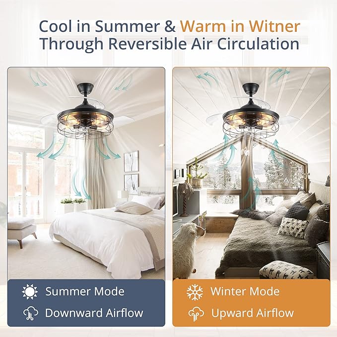 LEDIARY 42" Retractable Ceiling Fans with Lights, Farmhouse Industrial, Caged Fandelier Ceiling Fans with Remote, 6 Wind Speeds,Invisible Blades