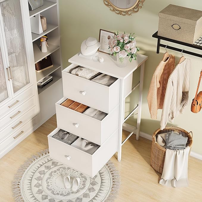 BOLUO White Night Stand with Drawers 3 Drawer Dresser for Bedroom, Tall Nightstand for Closet Dorm Modern Bedside Table
