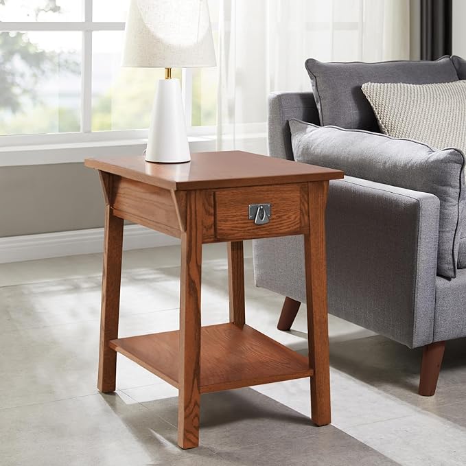 Leick Home Mission End Table, Solid Wood, 1 Storage Drawer, Bottom Display Shelf, Narrow, Easy-Assembly, For Living Room/Bedroom, Russet, 24 in L x 15 in W x 24 in H, 9059-RS