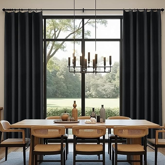 KangBang Pinch Pleat Black Out Linen Curtains 96 Inches Long, Noise Blocking Modern Pleated Drapes for Living Room with Hooks, Light Blocking Vertical Drapes for Office Hotel 2 Panels,40Wx96L, Black