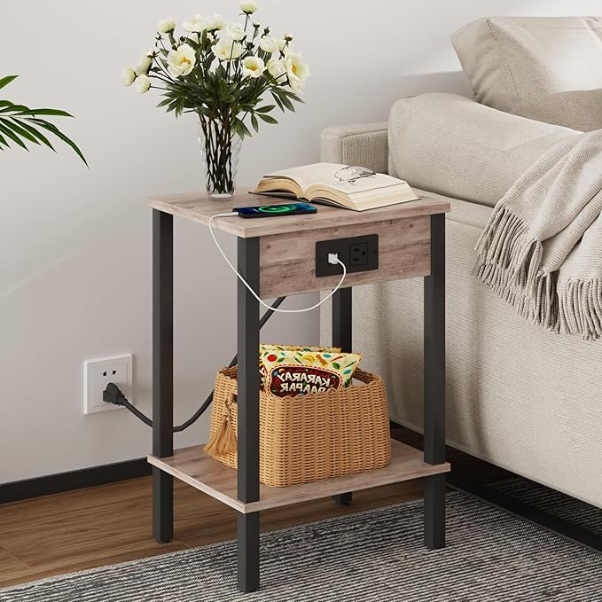 VIMBER Set of 2 End Table with Charging Station, Narrow Side Table with USB Ports and Outlets, Nightstands with 2-Tier Storage Shelves, Sofa Table for Small Space Living Room Bedroom, Greige
