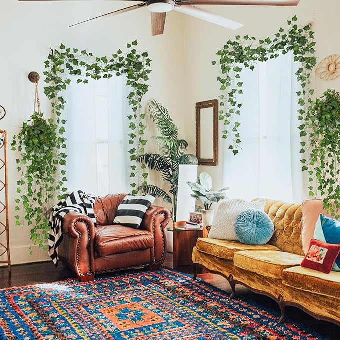 RECUTMS Fake Vines for Room Decor 86 FT Artificial Ivy Garland Hanging Plants Faux Greenery Leaves Bedroom Decor Aesthetic for Wall Wedding Party Home Garden Office Patio Outdoor Decoration(12 Pack)