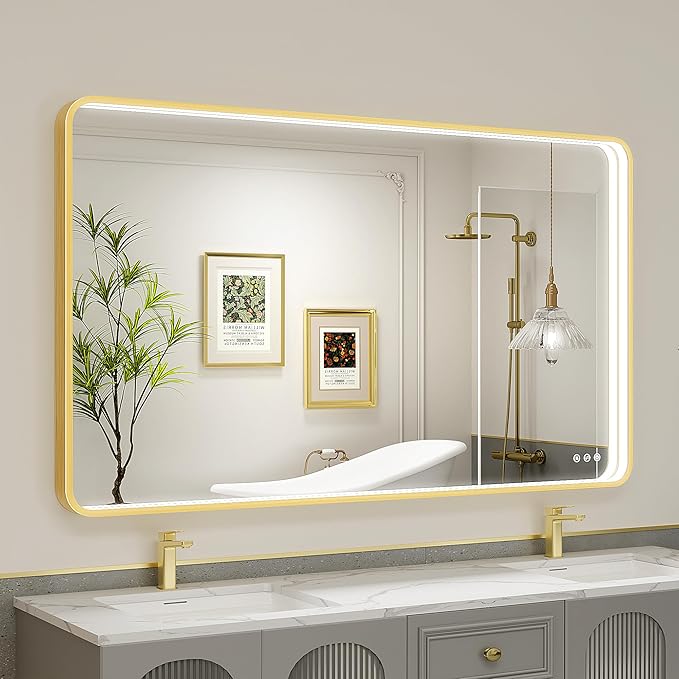 55x32 Inch LED Bathroom Mirror with Lights, Gold Metal Framed LED Mirror for Bathroom, 3 Colors and Stepless Dimmable Wall Mounted Lighted Bathroom Vanity Mirror, Anti-Fog, Memory