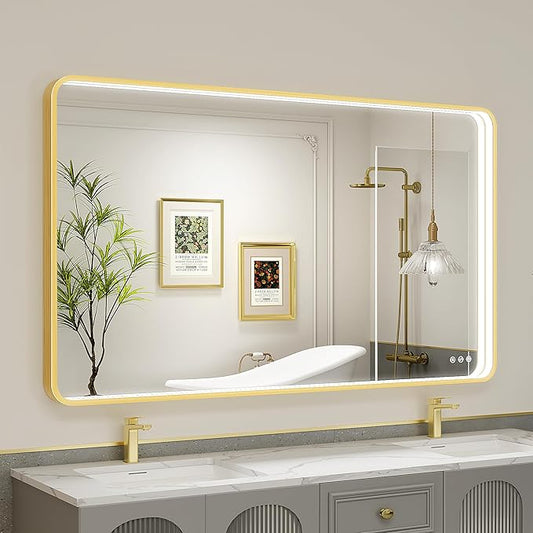 55x32 Inch LED Bathroom Mirror with Lights, Gold Metal Framed LED Mirror for Bathroom, 3 Colors and Stepless Dimmable Wall Mounted Lighted Bathroom Vanity Mirror, Anti-Fog, Memory