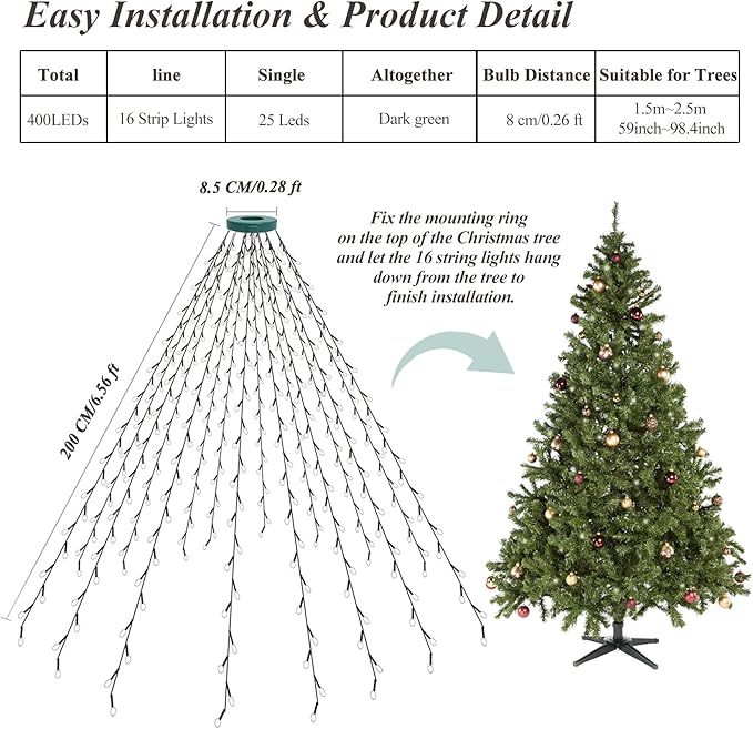 Christmas String Lights for Tree, 400 LEDs Christmas Tree Lights with Memory Function & 8 Modes, 6.6FT x 16 Lines Fairy Lights with Remote Control & Timer for Christmas Tree Decorations - Cold White