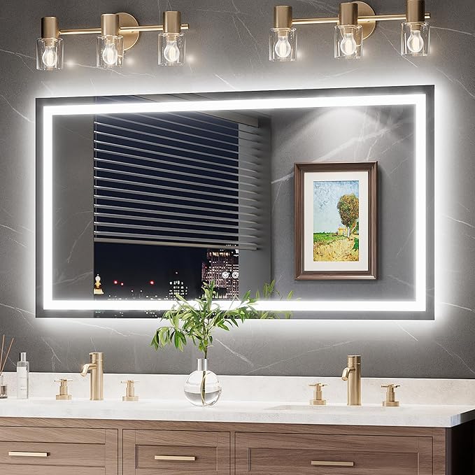 TokeShimi 55x30 LED Bathroom Vanity Mirror with Lights,Front Lit + Backlit LED Bathroom Mirror,3 Colors Stepless Dimmable,Anti-Fog,Tempered Glass,Memory Function,Waterproof,UL Listed