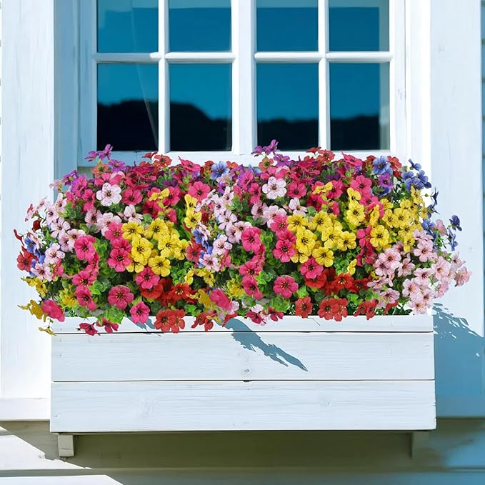 Ouddy Decor 24 Bundles Artificial Flowers for Outdoors Fake Silk Flowers UV Resistant Faux Plastic Plants for Spring Summer Garden Porch Window Box Table Vase Home Indoor Outdoor Decoration, Mixed