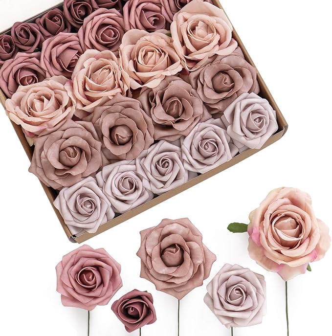 Ling's moment Artificial Flowers Fake Silk Roses Faux Foam Flower Combo for DIY Wedding Bouquets Centerpieces Arrangements Bridal Shower Party Home Decorations, Dusty Rose & Cinnamon Rose, 26pcs
