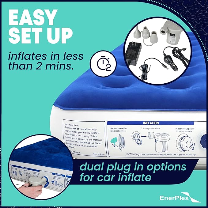 EnerPlex Camping Air Mattress with Built in Pump - Twin Blow Up Mattress for Travel Guests - Portable Bed for Adults and Kids - Blue Open Box