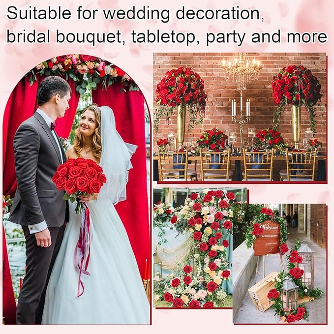 Ouddy Decor 50 Pcs Artificial Red Roses Bulk Realistic Fake Silk Flowers with Long Stems for Wedding Bridal Bouquet DIY Table Centerpieces Arrangement Valentines Home Decor
