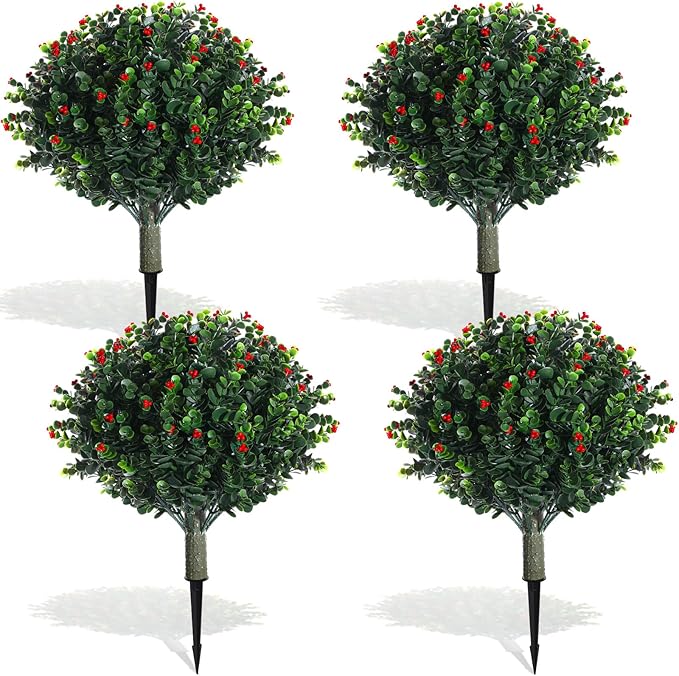 XunYee 4 Pcs 20" Artificial Topiary Ball Trees, Outdoor Artificial Shrubs Faux Bushes UV Resistance Greenery Fake Plants Tree with Ground Spike for Garden Porch Patio Indoor Decoration (Red Berries)
