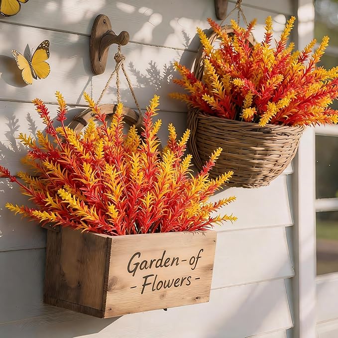 Geegoods 16 Bundles Artificial Fall Flowers Outdoor – Faux Lavender Flowers with Monkey Grass UV Resistant Plastic Faux Plants for Halloween Front Door Porch Patio Yard Balcony Decor, Orange Color