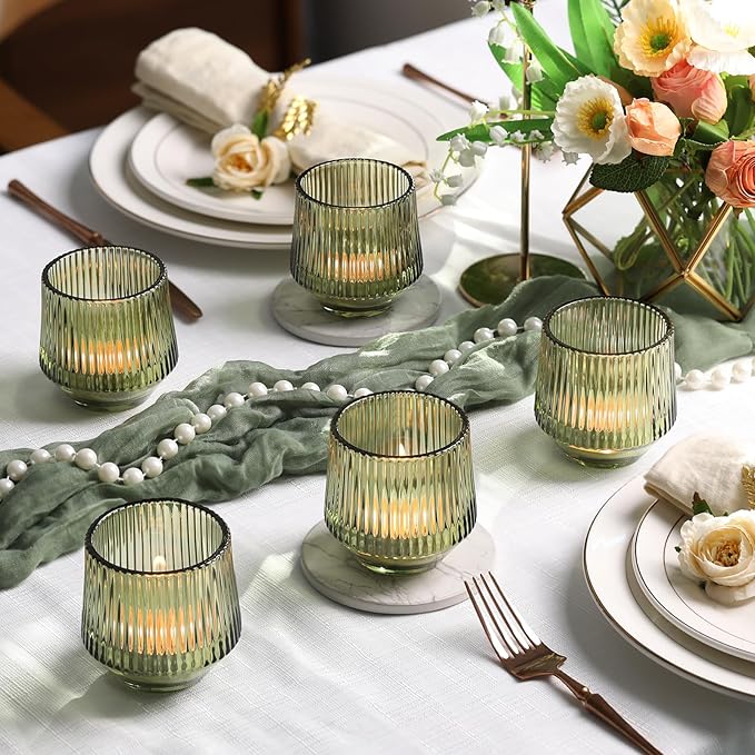 LAMORGIFT 12 Pcs Large Green Ribbed Glass Tea Light Holders - 3.15" x 3.15" - Green Wedding Decor, Table Centerpieces