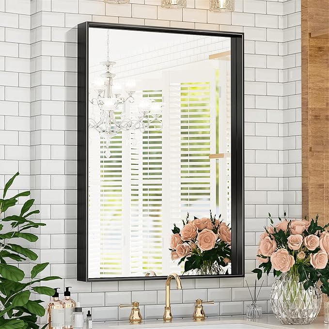 Suidia Bathroom Mirror, 30" x 22" Wall Mirror Metal Framed, Bathroom Vanity Mirror for Living Room Bedroom Bathroom Entryway, Black, Rect Corner Style
