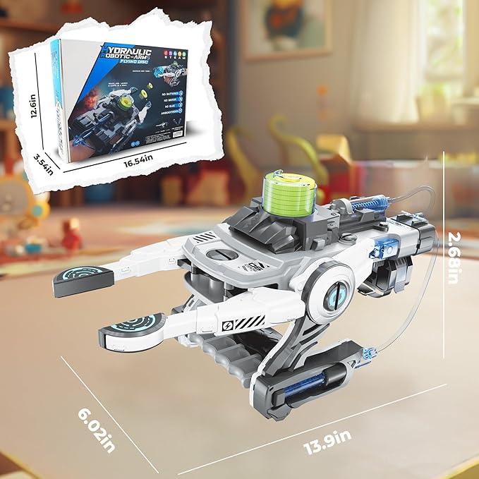 SMIESSKIDDO Hydraulic Robotic Arm - 106 Pcs Dual-Mode STEM Toy for Kids 8-12, Build & Launch Flying Disc | No Batteries, Safe Engineering Science Kit, Model Kits Gift for Boys & Girls 9 10 11