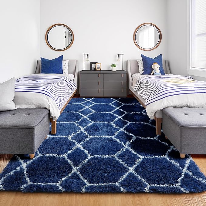ONASAR Area Rugs for Bedroom Living Room, Washable 4x6 Fluffy Navy Blue and White Throw Rug for Home Decor, Geometric Soft Shaggy Plush Floor Carpet for Kids Girls Boys Teen Nursery Dorm Office