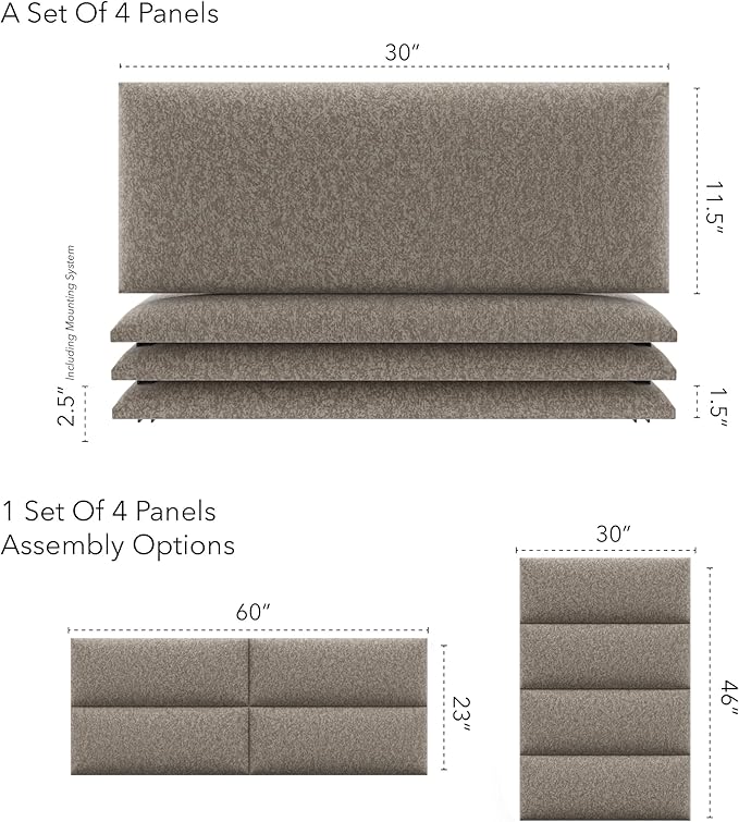 Vänt Upholstered Wall Panels - Queen/Full Size Wall Mounted Headboards - Faux Merino Wool Brown - Set of 4 Panels (Each Individual Panel 30"x11.5")