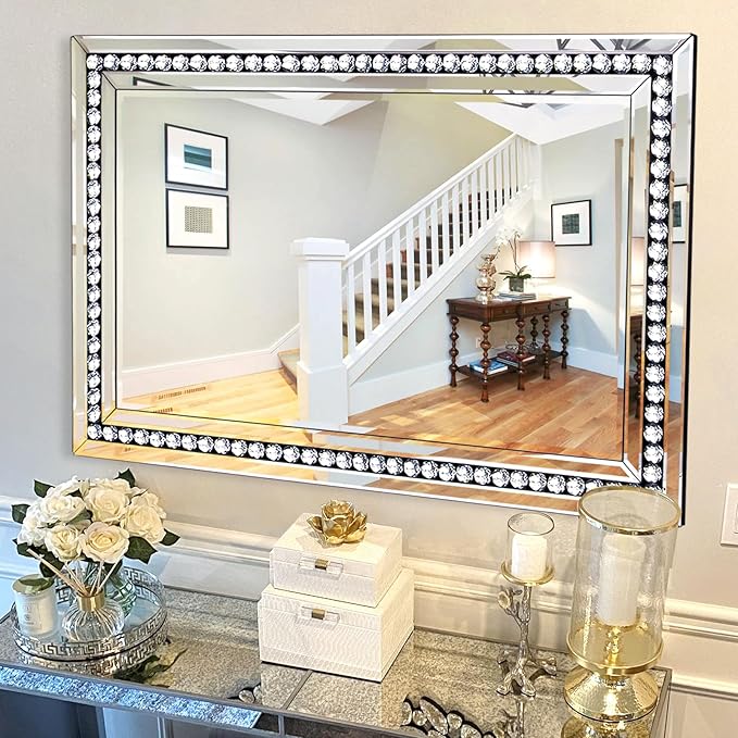 Rectangular Large Decorative Mirror for Decor, 28" X 40" Living Room Wall Mirror with Crystal Glass Frame, Beveled Unique Glamourous Elegant Design, Bathroom, Entrance, Bedroom Decor