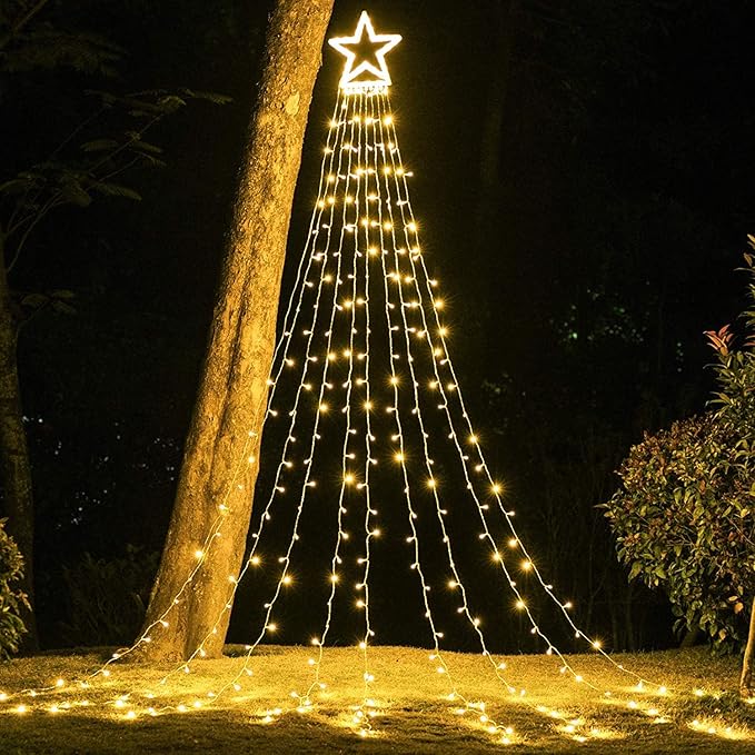 FUNIAO Christmas Lights, 320 LED String Lights with 12" Plastic Star Tree Topper, 8 Modes Outdoor Waterproof Christmas New Year Parties, Yard, Garden, Home Decor (Warmwhite)