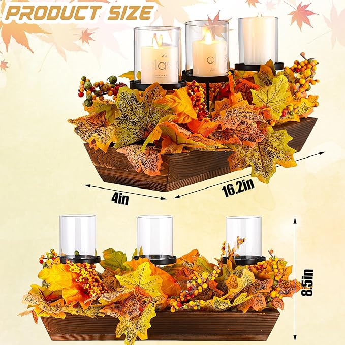 Fall Table Centerpiece Fall Thanksgiving Candle Holder with 3 Candle Holders and 3 Glass Cups, Artificial Maple Leaf Harvest Table Centerpiece with Pumpkins Berries