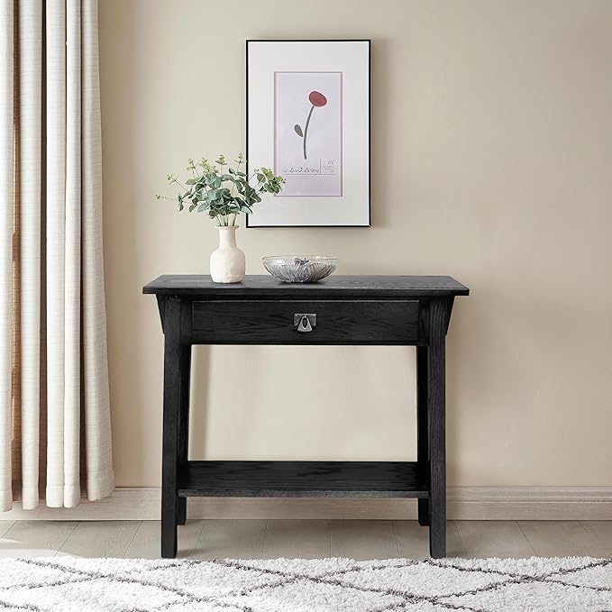 Leick Home Mission Console Table, Solid Wood, 1 Storage Drawer, Bottom Display Shelf, Narrow Depth, Easy-Assembly, For Living Room/Hallway, Slate Black, 30 in L x 10 in W x 28 in H, 9057-SL