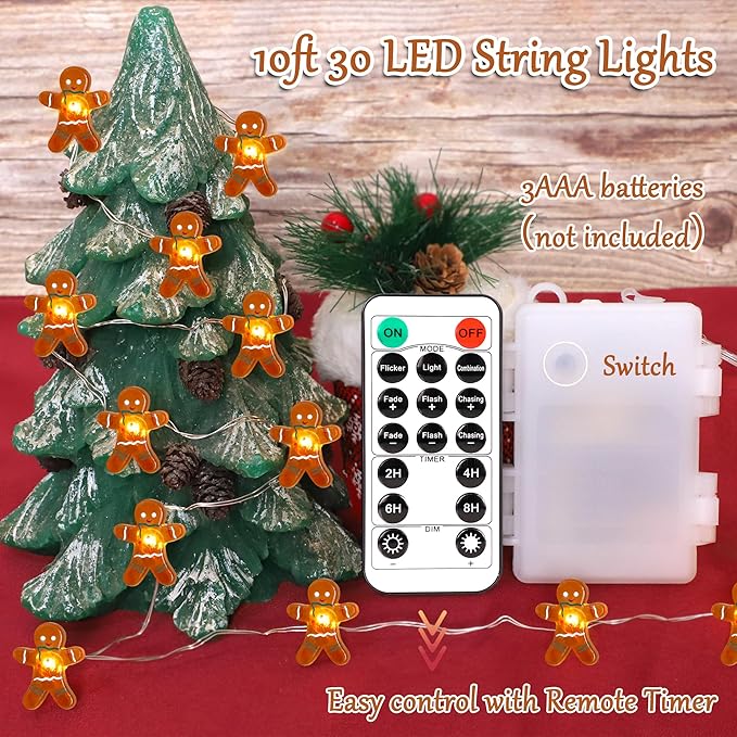 Impress Life Festive Decoration String Lights, Gingerbread Man Cookies 10 ft 40 LEDs with Battery/USB Powered Dimmable Fairy Lights with Remote for House Bedroom Decorative, Wedding Home