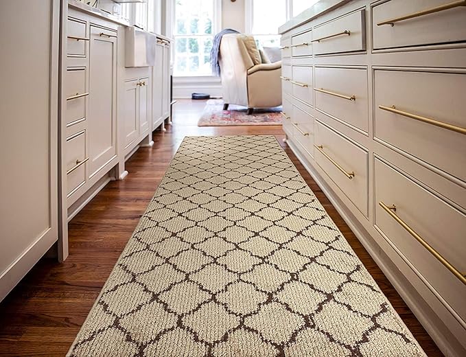 Custom Size Modern Runner Rug Carpet for Hallway Entryway Foyer Kitchen, Slip Resistant Latex Rubber Backed 31 inch Wide X Customized Length, Trellis Beige, 31 inch X 14 feet