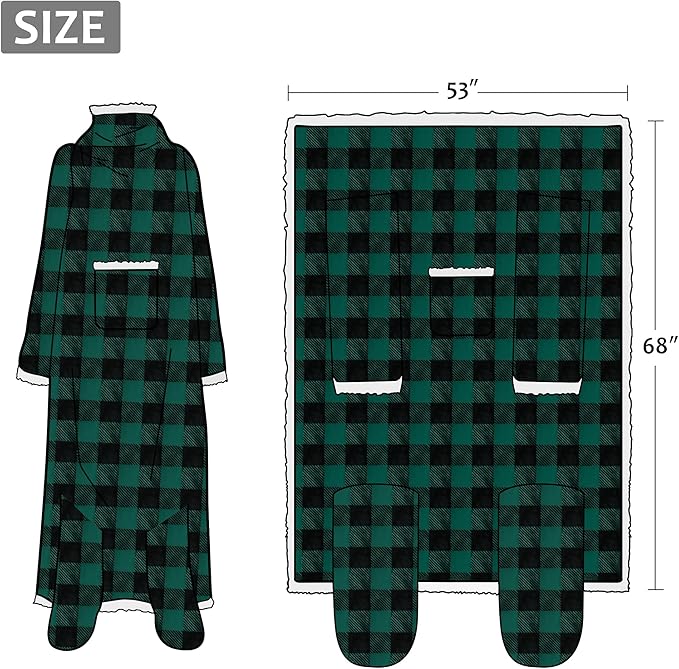 Catalonia Sherpa Wearable Blanket with Sleeves & Foot Pockets for Adult Women Men, Comfy Snuggly Wrap Sleeved Throw Blanket Robe, Gift Idea, Plaid Green, St. Patrick Gift