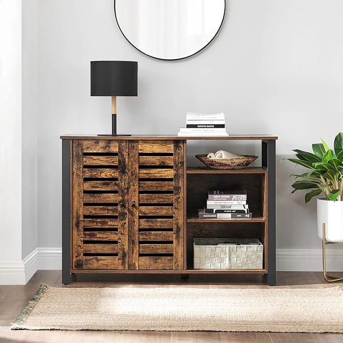 VASAGLE Lowell Storage Cabinet, Sideboard with Adjustable Shelves and Louvered Doors, Industrial, 13" D x 44.9" W x 29.5" H, Rustic Brown