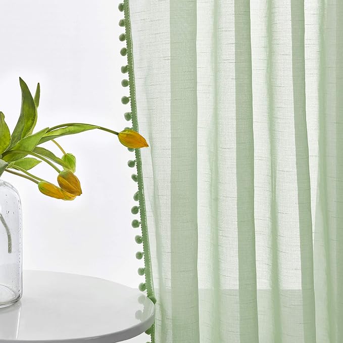 Treatmentex Pompom Sheer Green Curtains for Bedroom 72" Length Nursery Room Slub Textured Window Curtain Drapes for School Kindergarten 52" w x 2 Pack Rod Pocket, Sage Green