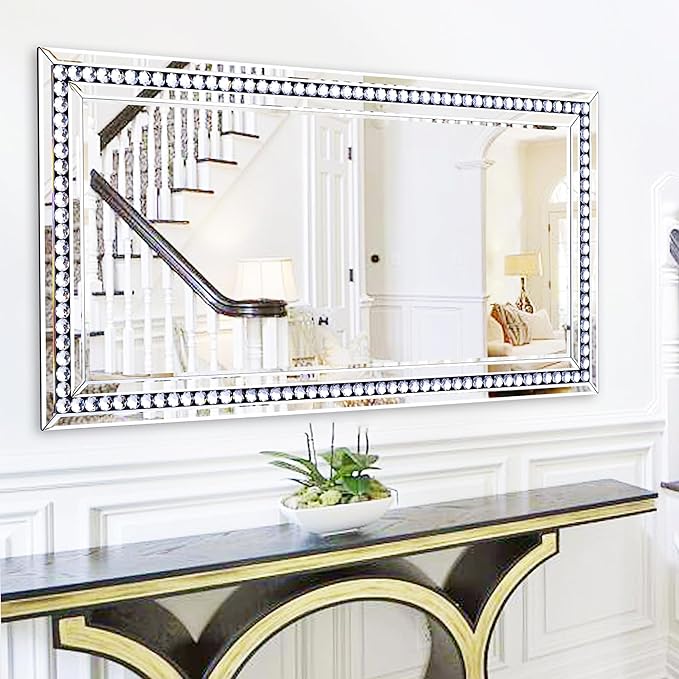 24" X 47" Large Wall Mirror for Living Room, Wall Decorative Mirror with Crystal and Glass Frame, Modern Elegant Beveled Wall Decor for Master Bath Home Office Bedroom Fireplace Mantle Entryway