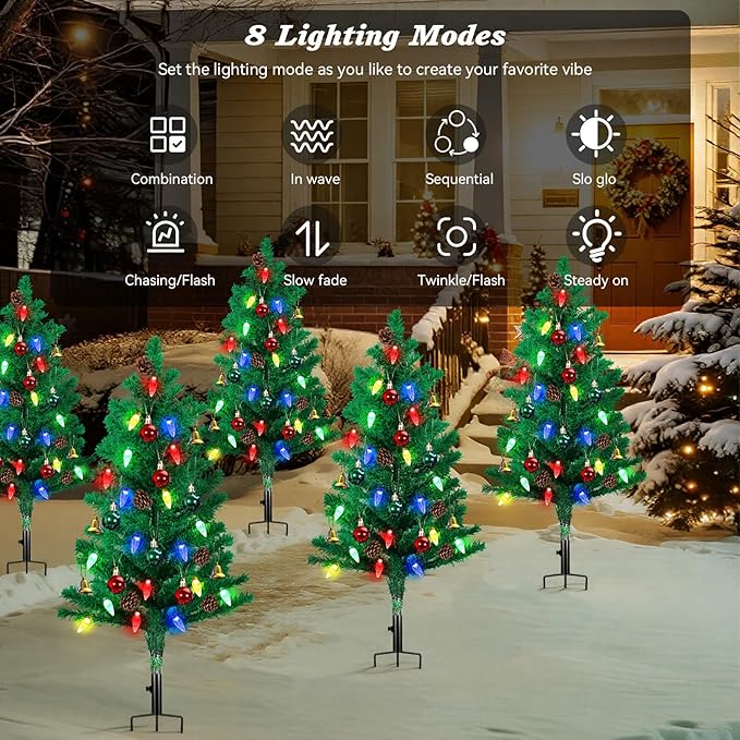 Lewondr Set of 2 Prelit Pathway Christmas Trees, 47.24" Outdoor Xmas Tree with 50 LED Strawberry Lights, Pine Cones Red Green Fruits, Solar and Type-C Powered Xmas Decor with Small Bells for Yard Home