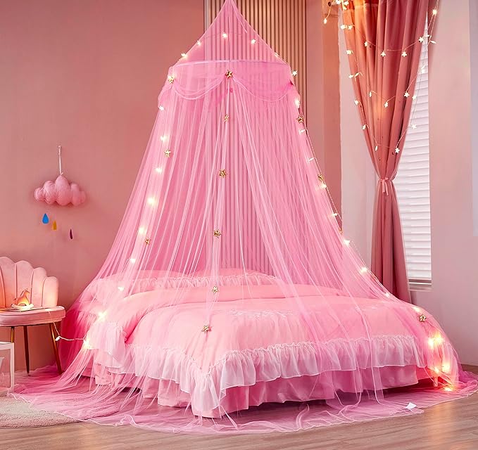 Bed Canopy for Girls with Star Lights,Princess Canopy Bed Curtains Mosquito Net with Gold Star for Girls Room Decor, Canopy for Bed Twin Single Full Queen Size Bed (Pink)