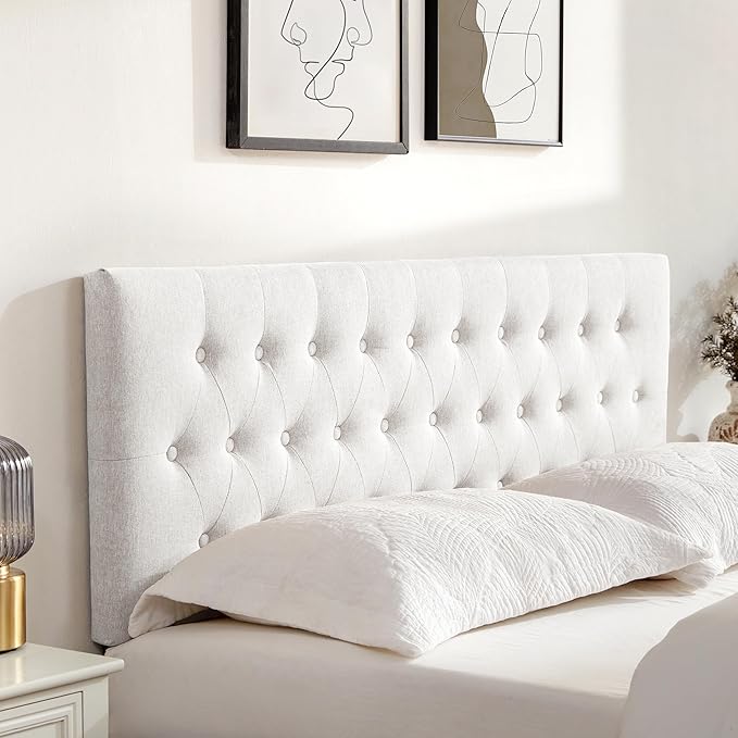 Tufted Upholstered Headboard Twin Size, Solid Wood Head Board with Durable Metal Legs, Adjustable Height Twin XL headboard from 37” to 51” Fabric Headboard in Modern Button Design, White
