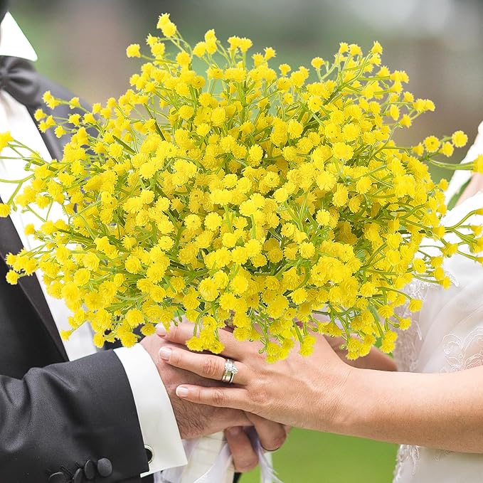 N&T NIETING Babys Breath Artificial Flowers Bulk, 10Pcs Fake Gypsophila Bouquet Flowers Real Touch Faux Babies Breath Arrangement for Wedding Floral Party Home Centerpieces Vase Decoration, Yellow