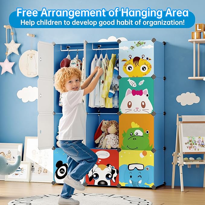 MAGINELS Kids Closet,Baby Wardrobe Closet with Door,Cute Portable Armoire Dresser,Clothes Hanging Storage Rack for Boy Bedroom,Blue,12 Cube(14x14inch)
