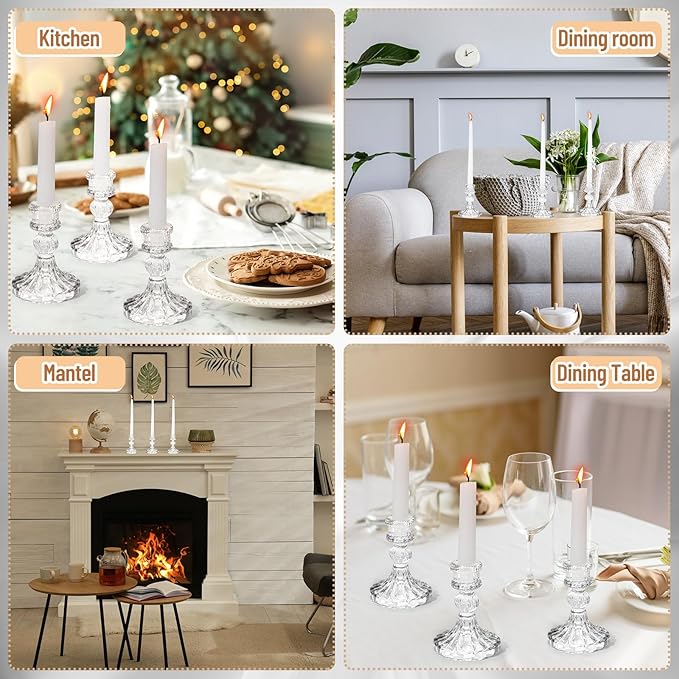 Suclain 24 Pcs Glass Taper Candle Holder Sets 12 Candlestick Holder with 12 White Long Candles for Wedding Party Decor Dinner Decoration(Clear)