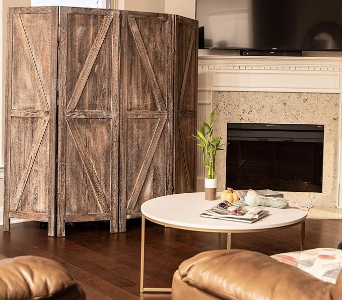 Premium Home 6-Panel Room Divider – Rustic Brown Barn Door, K Pattern Folding Privacy Screen, Partition Wall