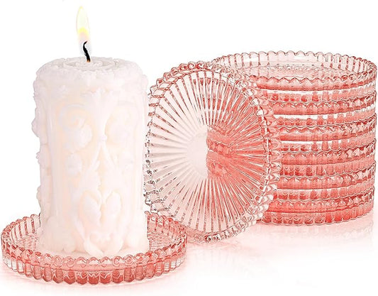 Glass Candle Holders, GOH DODD Set of 8 Crystal Pillar Plates Modern Coasters for Drinks, Centerpiece, Home Decor, Kitchen, Living Room, Patio, Wedding, Halloween, Christmas, Party, Clear Brown