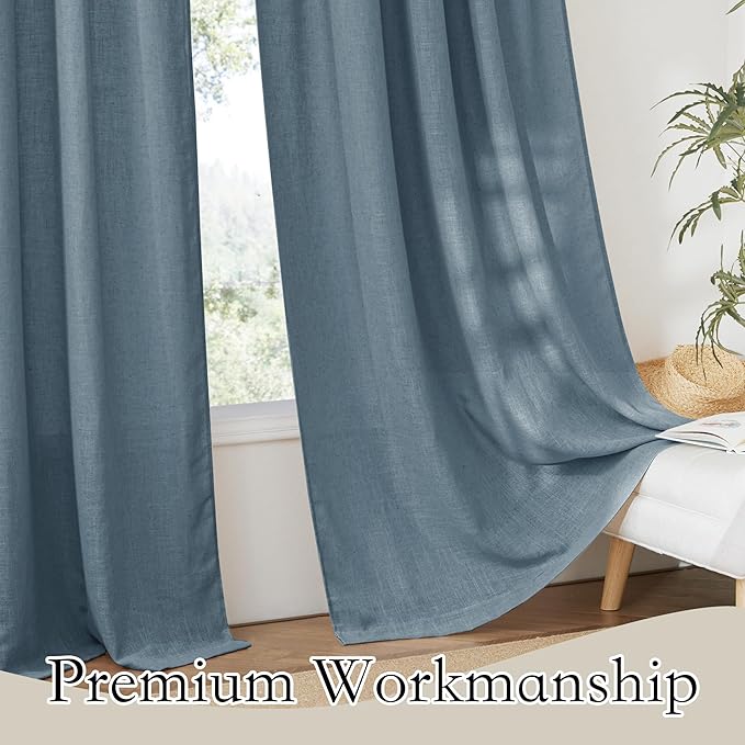 RYB HOME Linen Sheer Curtains 102 inches Long for Living Room Bedroom, Vertical Boho Rustic Home Decor Privacy Semi Sheer for Kids Room, W 52 x L 102 inches, Stone Blue, 2 Panels Set