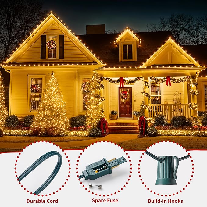 Minetom C9 Clear Christmas String Lights, 50FT 50 Bulbs Bright & Warm Outdoor Christmas Lights, Long Life C9 String Lights for Tree Patio Gazebo Wreath, Green Wire