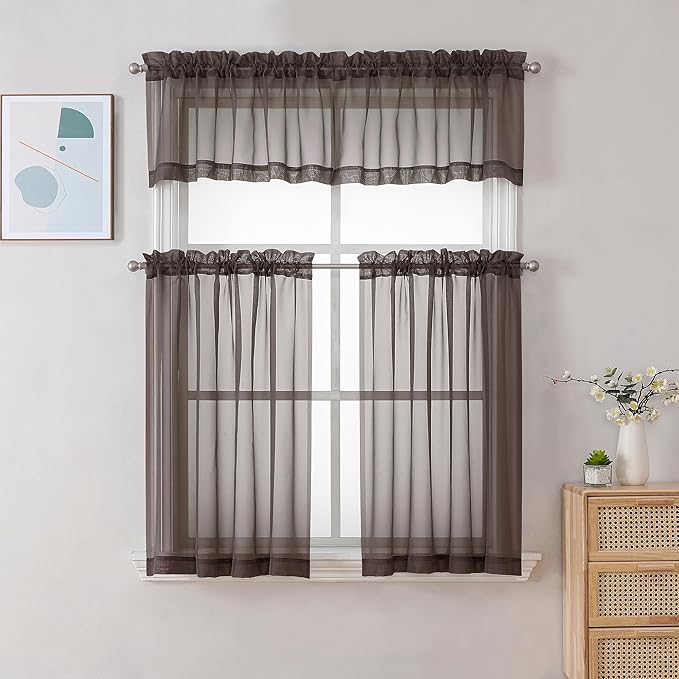 Chyhomenyc Sheer Curtains 36 inch Length 2 Panels, Light Filtering Voile Rod Pocket Short Window Sheer Curtians for Bathroom Living Room, 2PCS, Choclate Brown