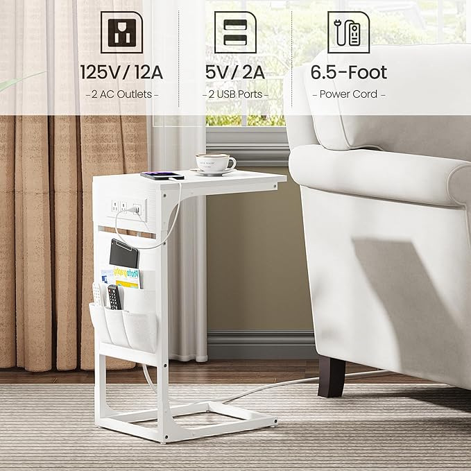 TUTOTAK C Shaped End Table with Charging Station, Side Table for Sofa, Couch Table with Storage Bag, TV Tray Table with 2 USB Ports and Outlets for Living Room, Bedroom, White TB01BW024