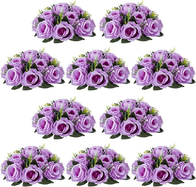 NUPTIO Artificial Flower Centrepieces for Tables - 10 Pcs Lilac Fake Flowers Roses Balls 9.5in Diameter - Silk Faux Rose Arrangement for Wedding Party Centerpiece Table Decor